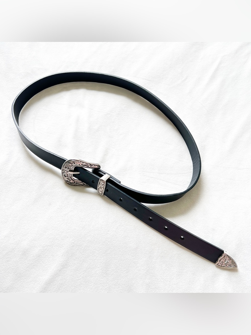 Western-Inspired Black Leather Belt with Engraved Silver Buckle